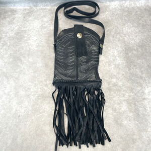 Vtg Black Leather Western Boot Fringe Crossbody Purse Indian Coin Blue Stitching